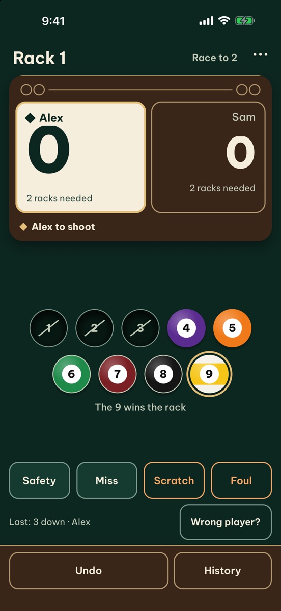 The scoring screen in a 9-ball match: Alex and Sam at 0 to 0, Alex to shoot, balls 1 to 3 already down.