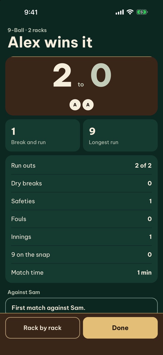 Match summary: Alex wins 2 to 0, with the longest run, run-outs, safeties and fouls.
