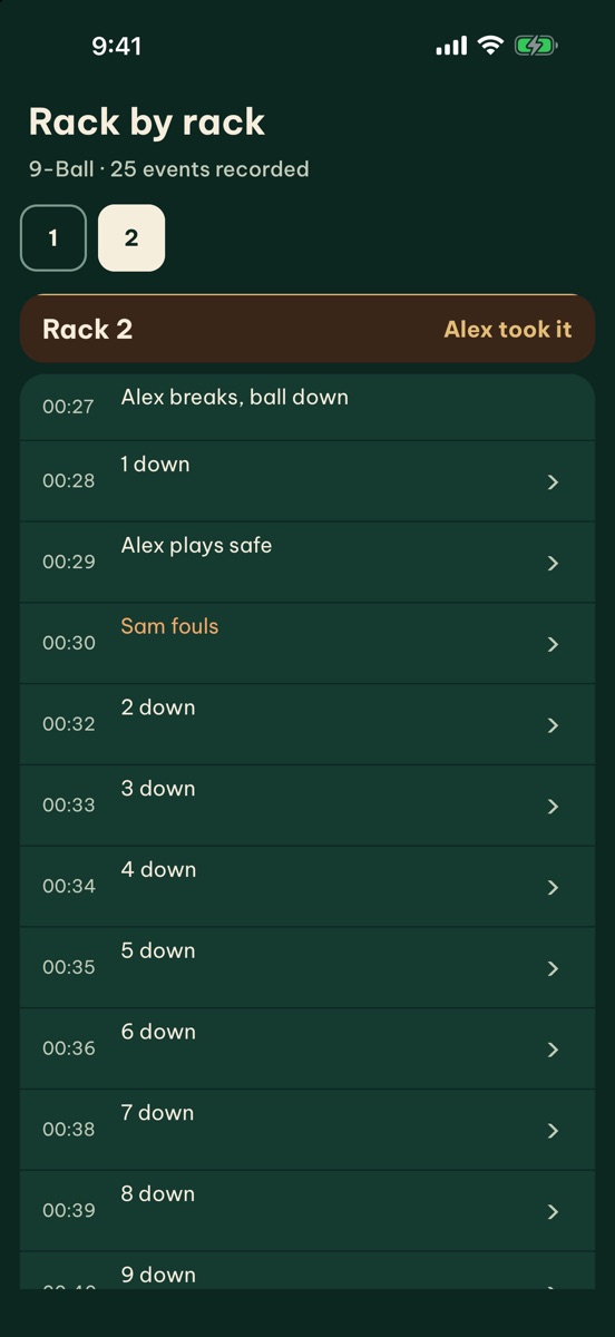 Rack by rack: every ball, foul and safety of rack 2, in the order it happened.
